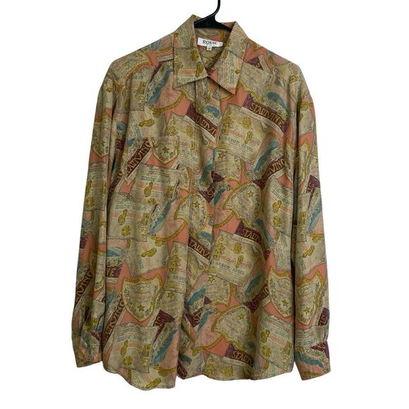 Rouie Women's Silk Blouse Size 12 Button Up Shirt Top Multi Vino Wine Print - Picture 1 of 12